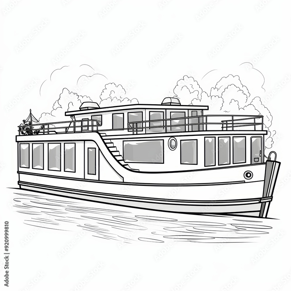 Poster a black and white line drawing of a large boat with multiple windows and a deck on top.
