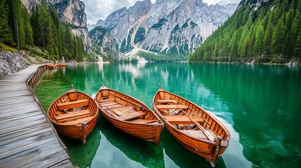 Serene Mountain Lake with Rowboats