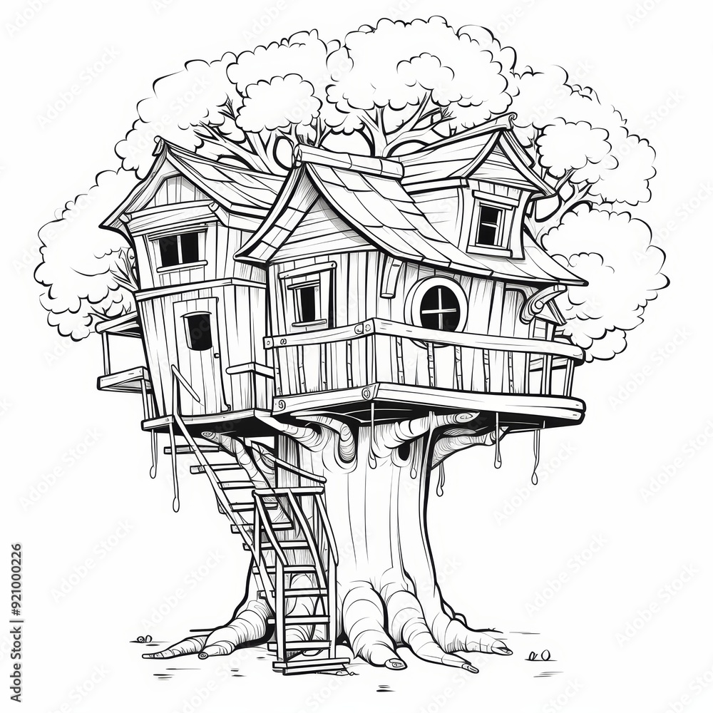 Poster a detailed line art illustration of a treehouse with a ladder and a large tree trunk with branches a