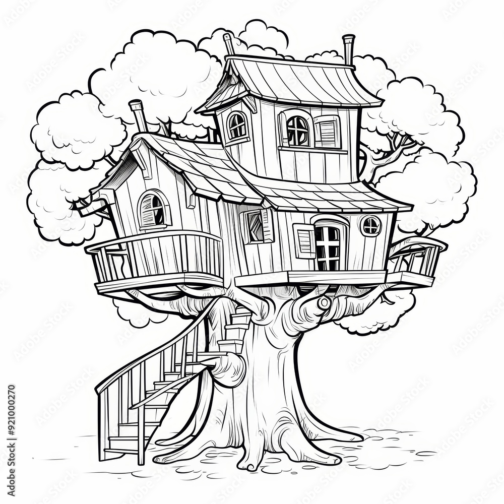 Poster a detailed line drawing of a large treehouse with multiple levels, windows, and a spiral staircase.