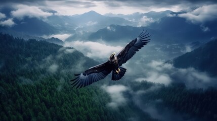 Fototapeta premium Eagle Soaring Above a Misty Mountain Landscape