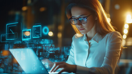 a professional woman working on laptop, signs and symbols representing futuristic technology environment, web design, concept of technology and business