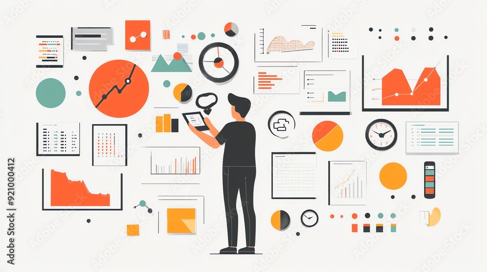 Poster businessman analyzing data and charts on a white wall.