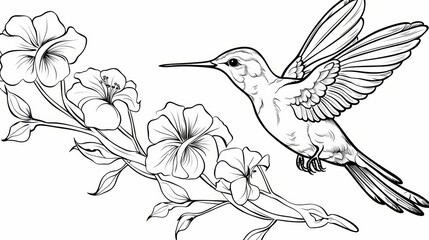 Obraz premium A line art illustration of a hummingbird flying over a branch of hibiscus flowers.