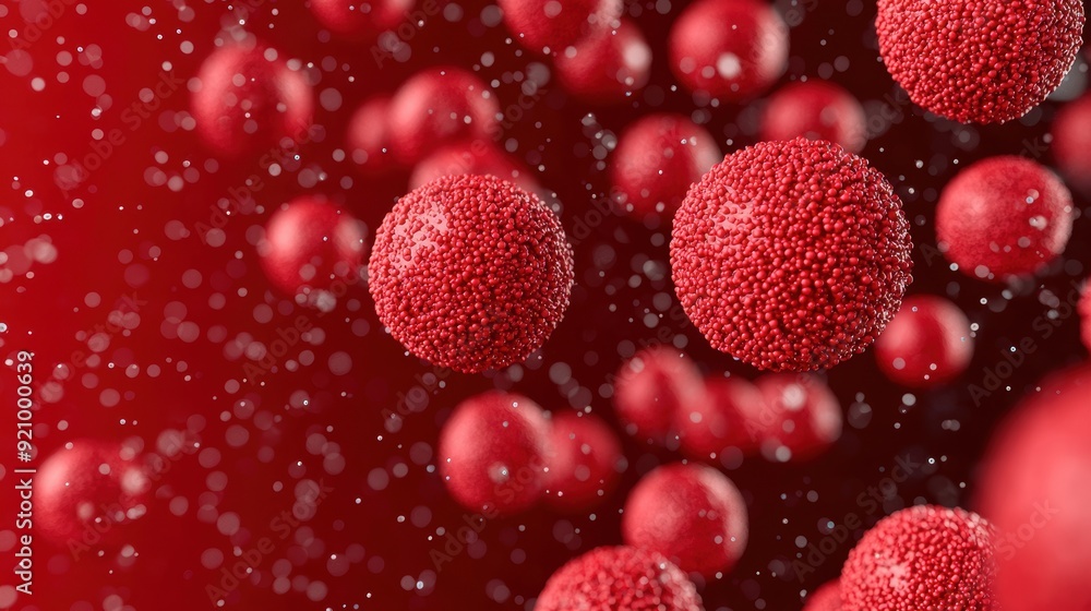 Poster dynamic red blood cells in motion - high detail biology image with copy space for text in 8k resolut