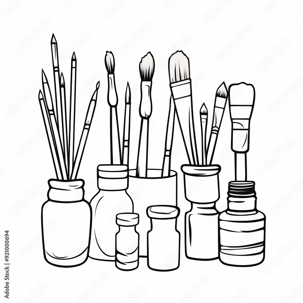 Poster a set of 9 paintbrushes and 7 jars of paint arranged in a row.