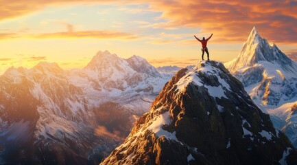 Un alpiniste au sommet d'une montagne enneigée, les bras levés en signe de victoire, surplombant une vue magnifique au lever du soleil.