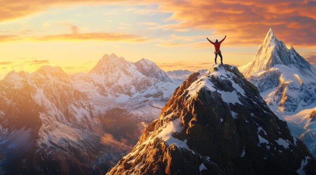 Un alpiniste au sommet d'une montagne enneig&eacute;e, les bras lev&eacute;s en signe de victoire, surplombant une vue magnifique au lever du soleil.