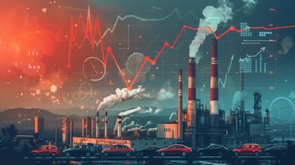 Obraz premium actory with smoking chimneys and cars coming out from it, while some downward trending graph with arrow is seen above and behind it