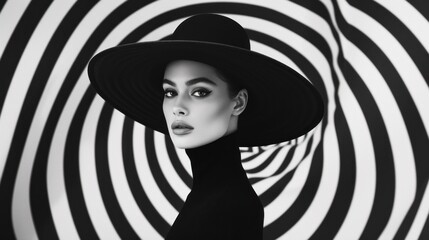 Portrait of beautiful model in striped hat on a stripe background