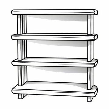 recommend clip art: A simple black and white outline of a wooden shelf with four shelves.
