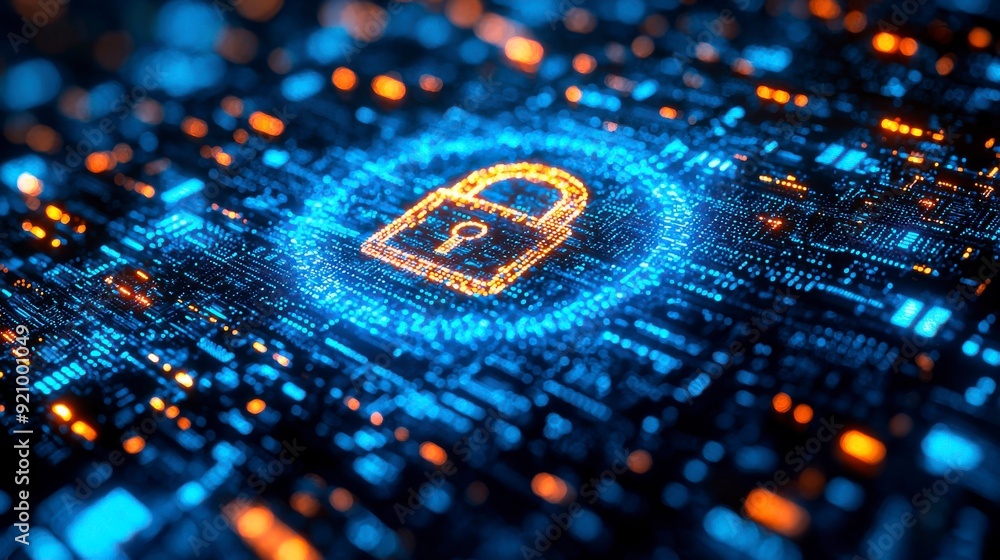 Poster digital background with pixelated lock and data protection symbols on a blue digital screen