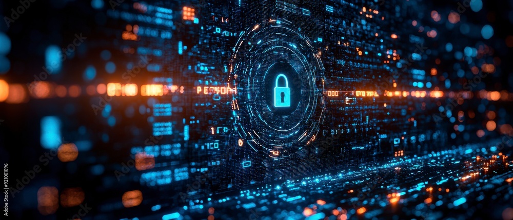 Poster digital background with pixelated lock and data protection symbols on a blue digital screen