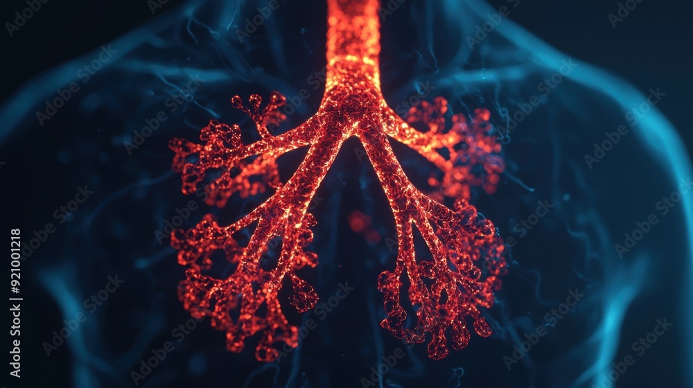 Poster detailed artistic illustration of airways and bronchi respiratory system flow pathways with copy spa