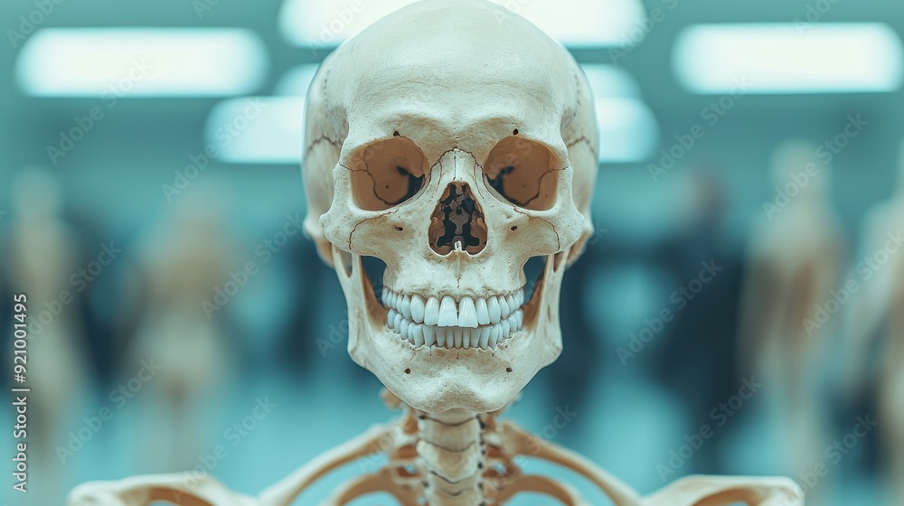 Poster intricate close-up of a dynamic human skeleton in motion, detailed bone structure on copy space back