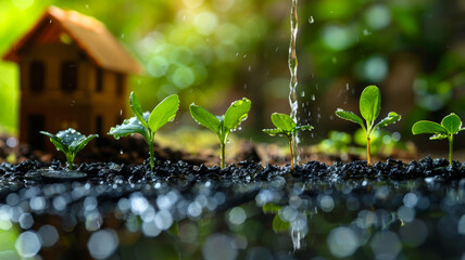 A family saving plan for basic necessities concept is depicted by water being poured over rows of rising coins with sprouts, a house, and family members.