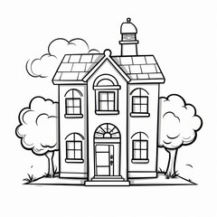 Fototapeta premium Black and white cartoon illustration of a house with two trees and a cloud.