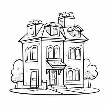 recommend clip art: Black and white cartoon drawing of a two-story house with a porch, three windows, and two chimneys.