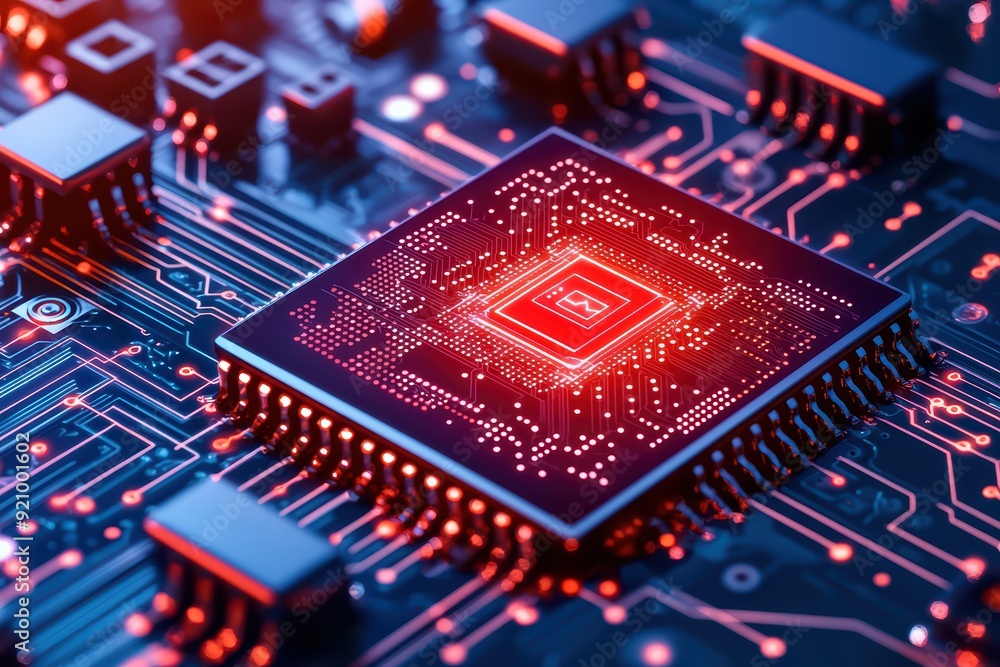 Poster close-up of a glowing microprocessor on a circuit board, showcasing intricate details and vibrant co