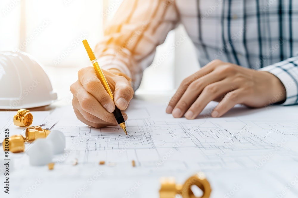 Poster close-up of a hand drafting architectural plans with a pencil, showcasing creativity and precision i
