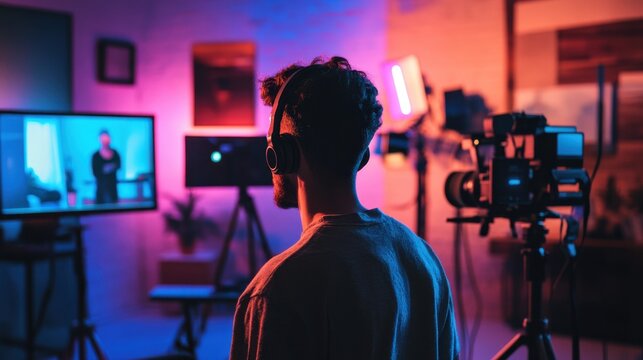 Young influencers livestreaming in a modern studio setup with professional lighting and equipment