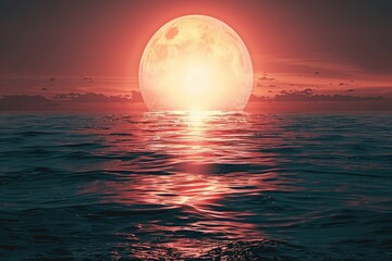 A large red moon rises over a calm ocean, casting a warm glow on the water.  The sky is a deep red, creating a dramatic and beautiful scene.