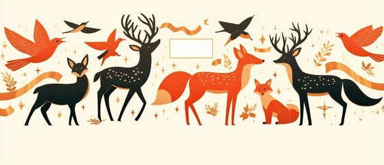 Colorful illustration of various forest animals, featuring birds and foxes in autumn colors, perfect for nature-themed projects.