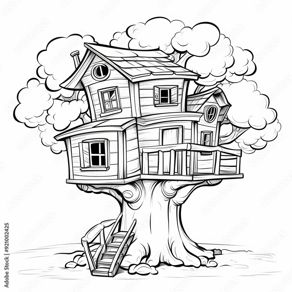 Poster black and white illustration of a treehouse with a ladder and windows.