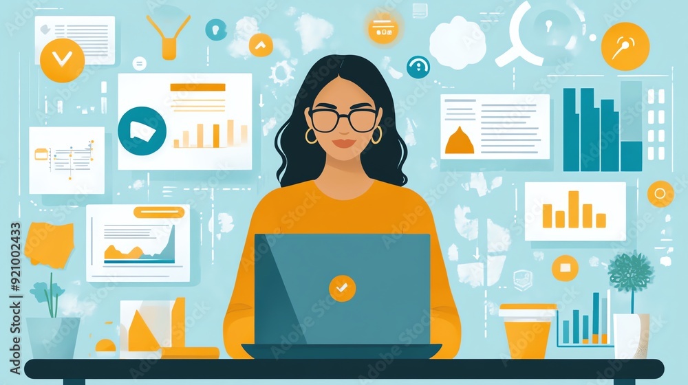 Poster woman working on laptop with data analytics charts.
