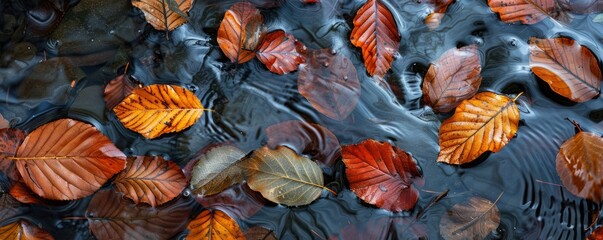 Leaves floating in an autumn woodland stream
