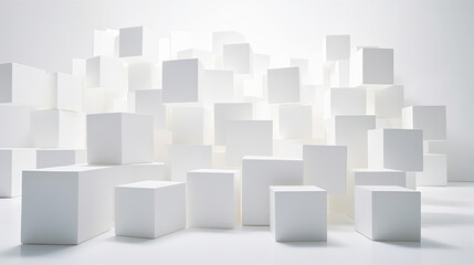 Collection of blocks of various sizes, arranged in a seemingly random pattern. Depth and complexity. Modern art, architecture visualization, complexity and organized chaos. Cubes Background.