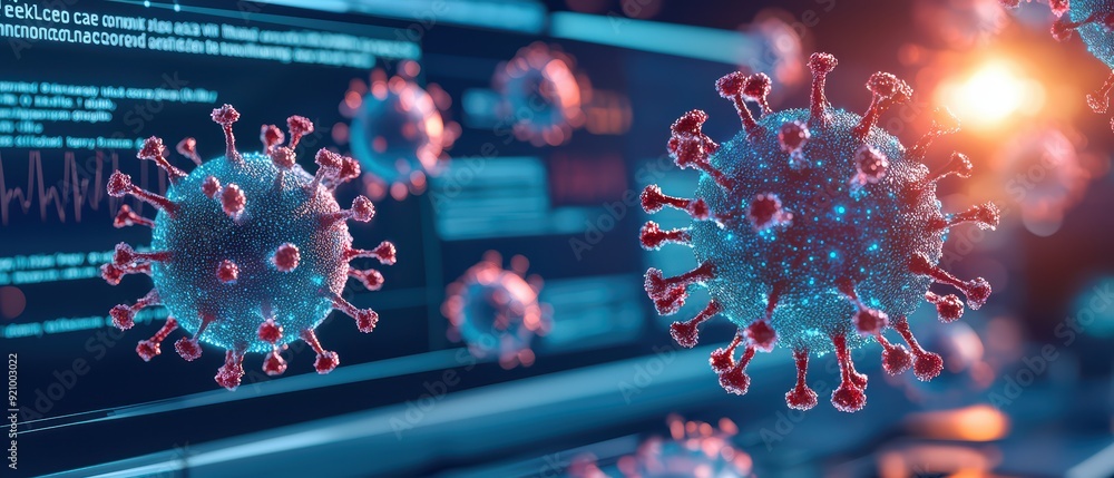 Poster detailed 3d rendering of a virus against a digital background, representing the intersection of heal