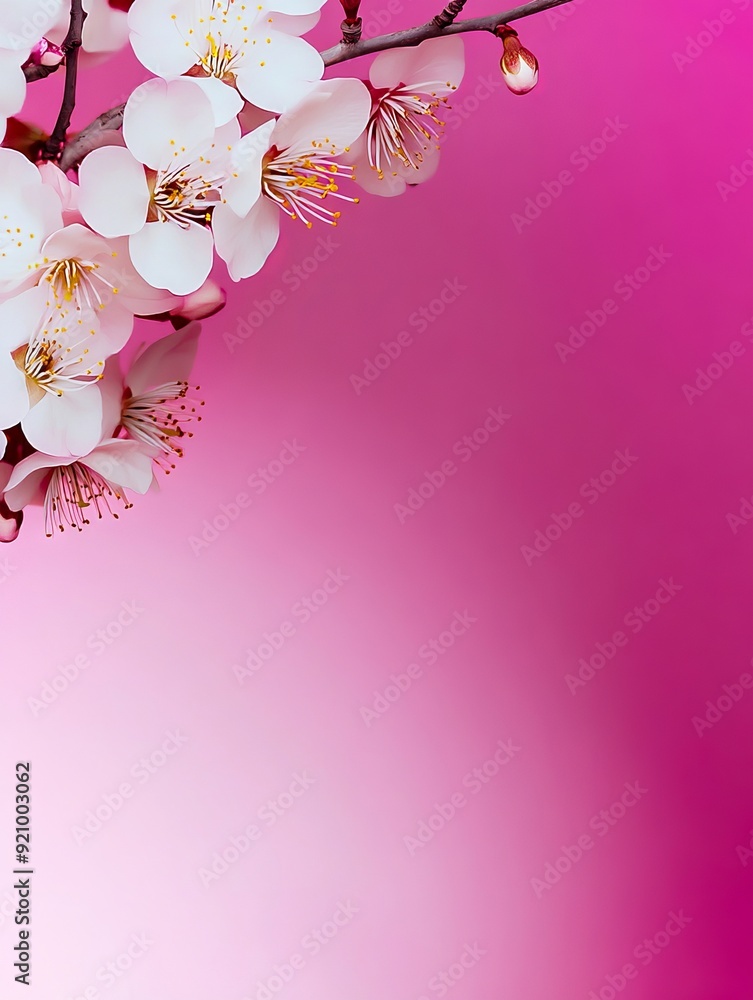 Wall mural A branch with white flowers on a pink background