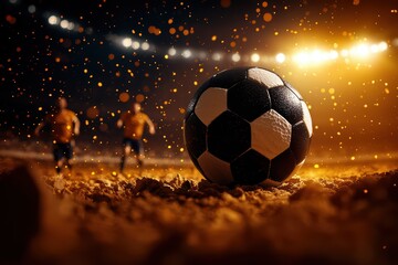 Fototapeta premium Dynamic soccer scene featuring a ball in focus with blurred players in the background, illuminated by stadium lights.