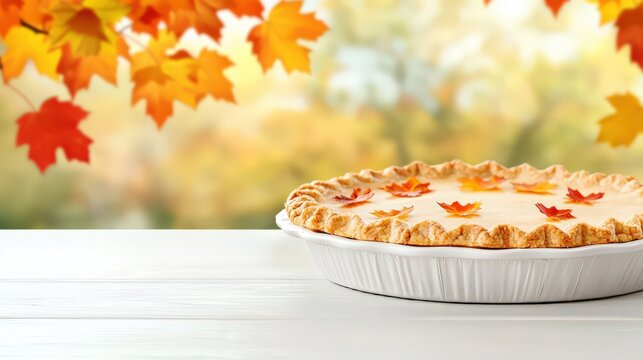 Autumn-themed pie with leaf-shaped crust decoration on white wooden table, with blurred fall foliage in the background.