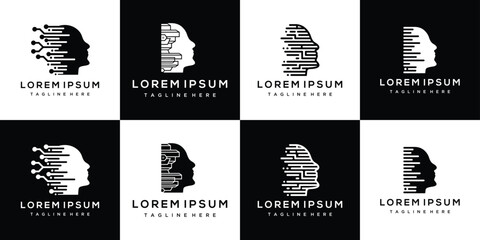 Collection of human head technology logo design templates. set head digital technology inspiration logo design	
