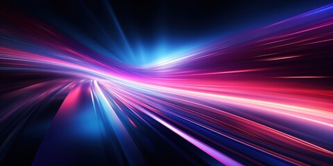 Abstract blue and pink light streaks on a dark background.