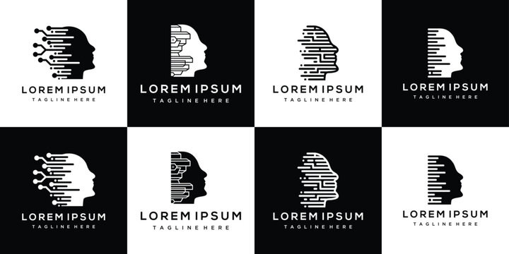 Collection of human head technology logo design templates. set head digital technology inspiration logo design	
