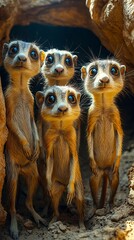 Fototapeta premium A group of meerkats standing in front of a cave