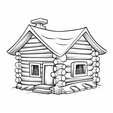recommend clip art: Cartoon style black and white illustration of a log cabin with a chimney, door and two windows.