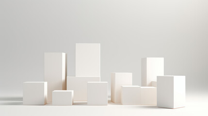 Collection of blocks of various sizes, arranged in a seemingly random pattern. Depth and complexity. Modern art, architecture visualization, complexity and organized chaos. Cubes Background.