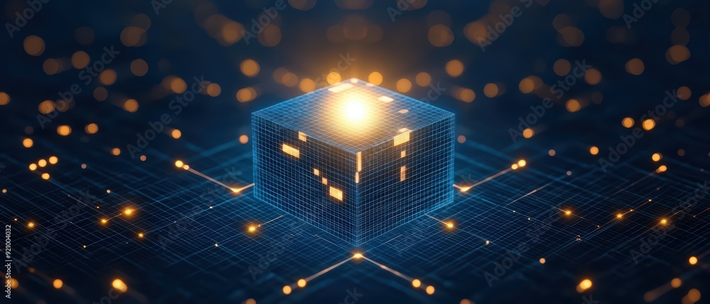 Poster futuristic digital cube with glowing lights, representing technology, innovation, and data visualiza