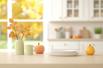 Bright autumn-themed kitchen table setup with pumpkins, plates, and a vase with leaves against a blurred background of a sunny outdoor scene.