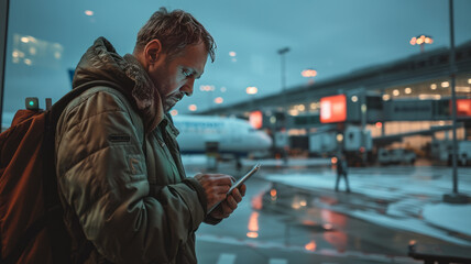 a man typing on a smartphone in front of the plane boarding gate at the airport.