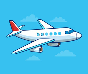 White jet passenger airplane airliner in blue sky cartoon vector illustration