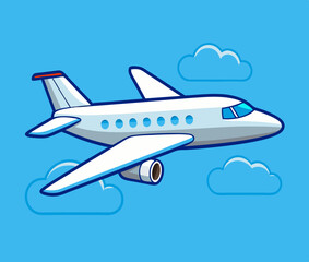 White jet passenger airplane airliner in blue sky cartoon vector illustration