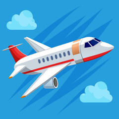 White jet passenger airplane airliner in blue sky cartoon vector illustration