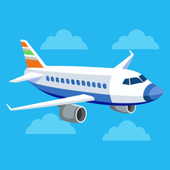 Obraz premium White jet passenger airplane airliner in blue sky cartoon vector illustration