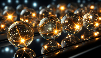 Shiny glass spheres illuminate celebration, reflecting vibrant colors in a row generated by AI