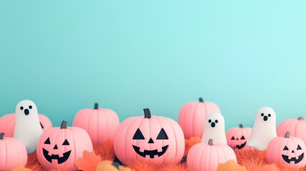 Obraz premium Colorful Halloween pumpkins and cute ghosts create a festive and playful atmosphere for seasonal celebrations. 3D Render